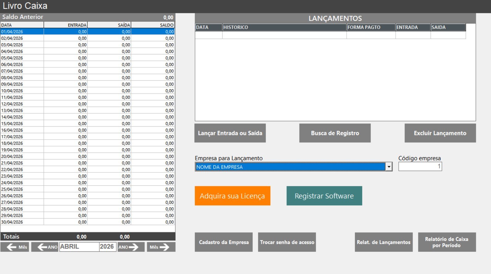 Tela real do Livro Caixa Contábil — lançamentos mensais